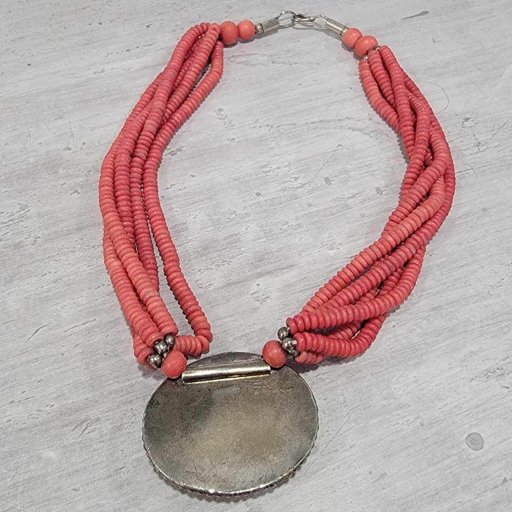 Vintage Boho Coral Multi Strand Beaded Torsade Necklace Tropical Earthy - Picture 4 of 17